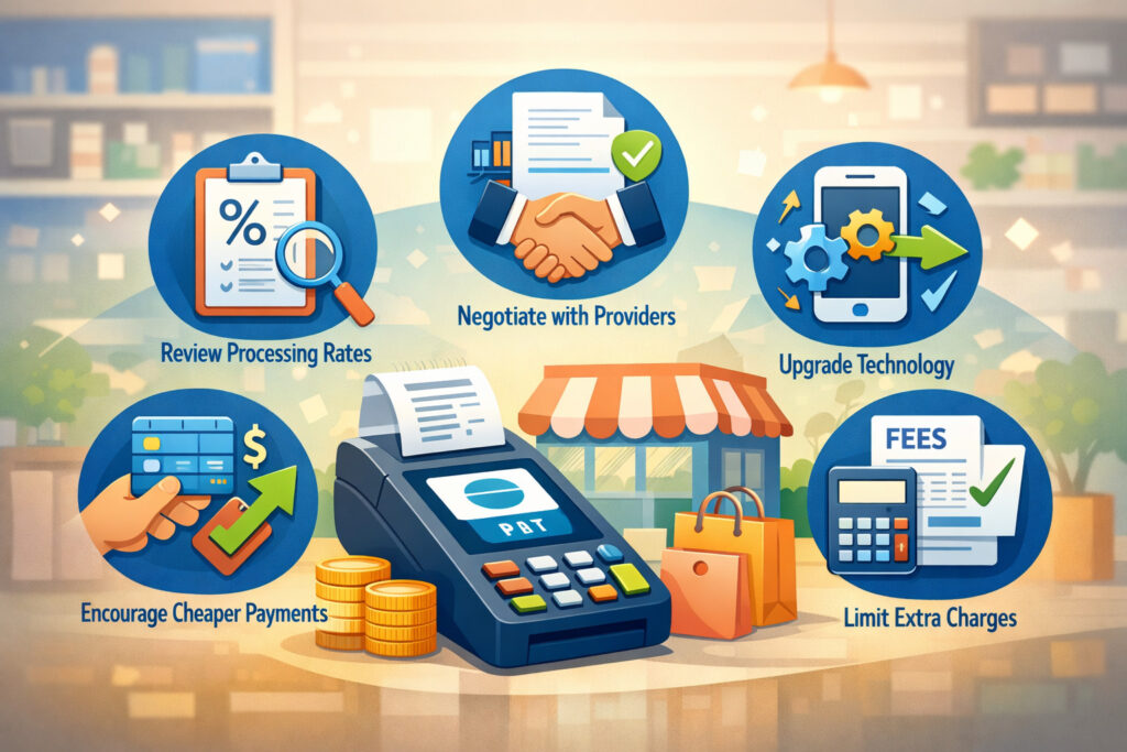 POS terminal with icons showing strategies to reduce credit card merchant fees, including negotiation, technology upgrades, and cost-saving payment methods
