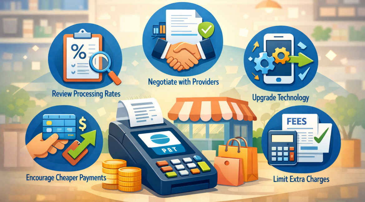POS terminal with icons showing strategies to reduce credit card merchant fees, including negotiation, technology upgrades, and cost-saving payment methods