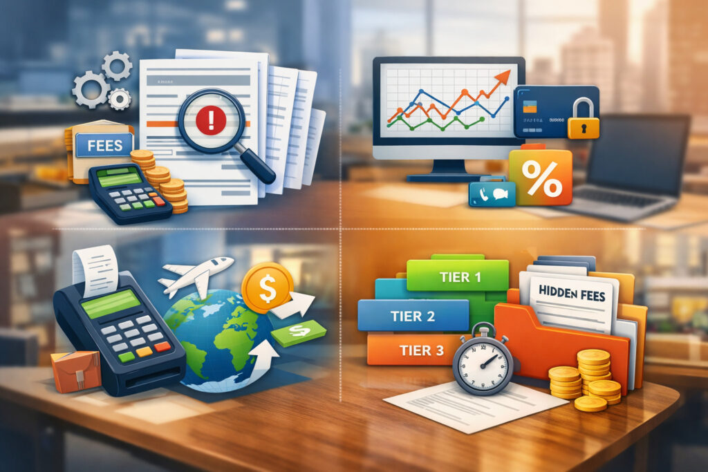 Illustration of merchant statement analysis showing hidden fees, tiered pricing, transaction costs, and payment processing overcharges with financial icons and POS elements