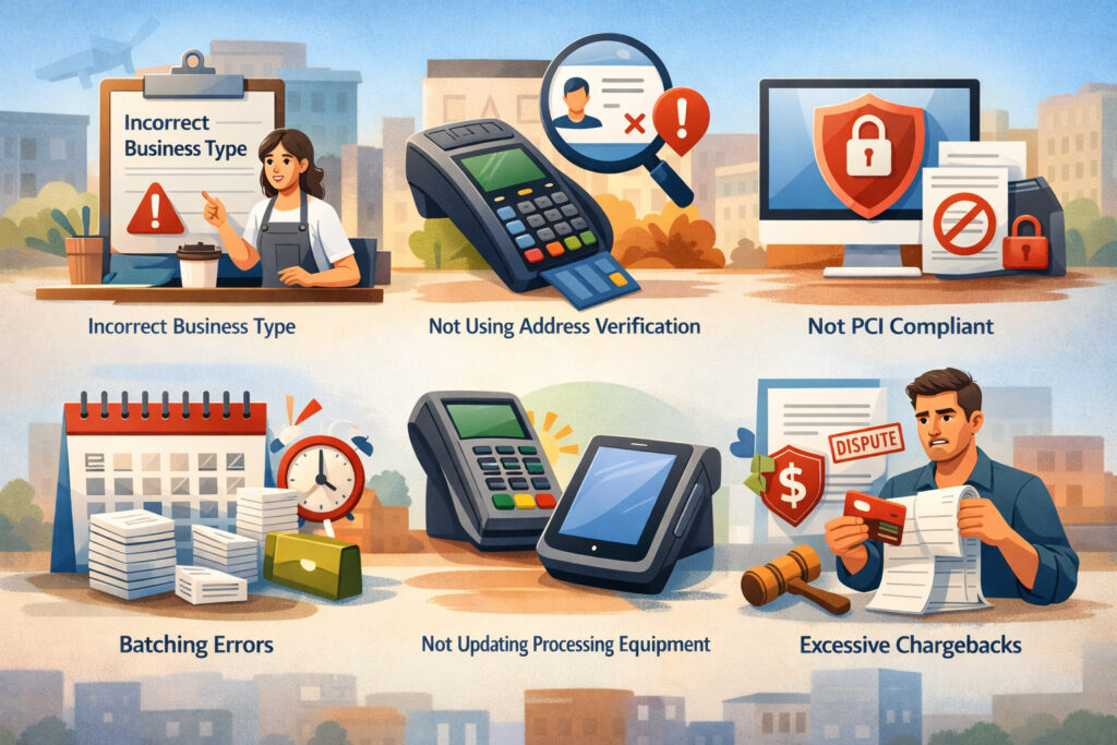 common payment processing mistakes increasing merchant fees, including POS terminal errors, compliance issues, chargebacks, and outdated equipment