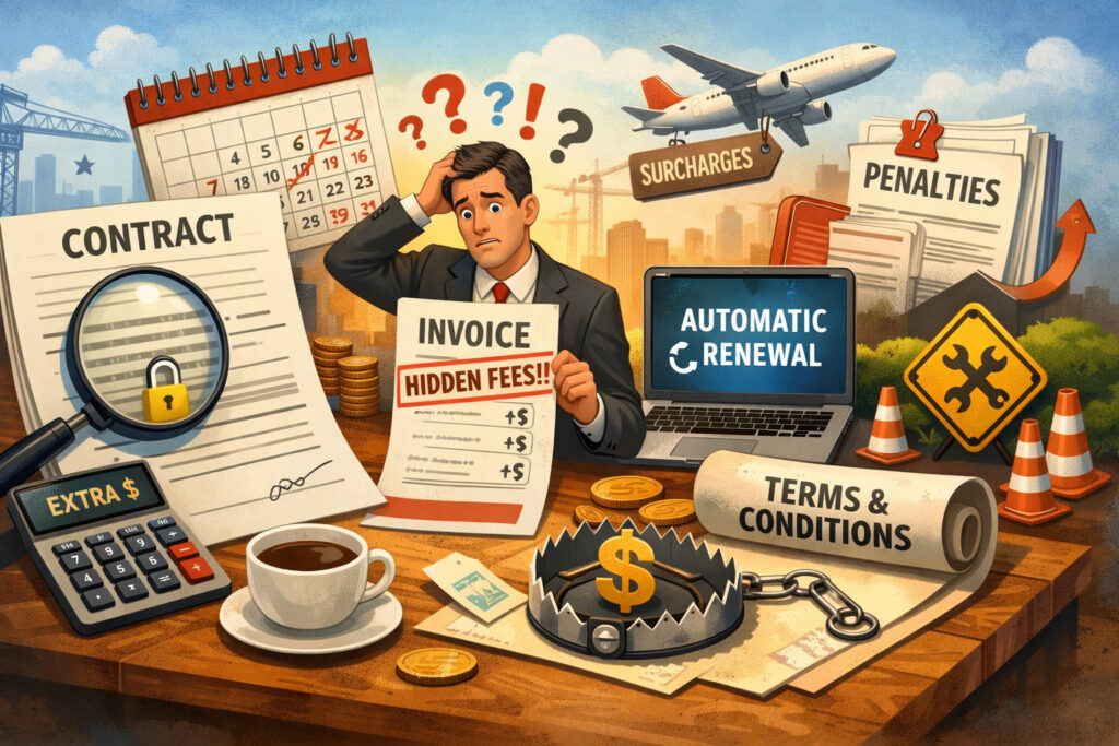 confused businessman reviewing a contract and invoice surrounded by symbols of hidden fees, automatic renewals, penalties, and unexpected charges