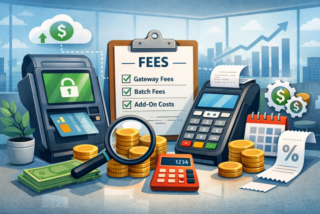 Illustration of payment processing fees including gateway fees, batch fees, POS terminal transactions, and cost analysis with financial icons
