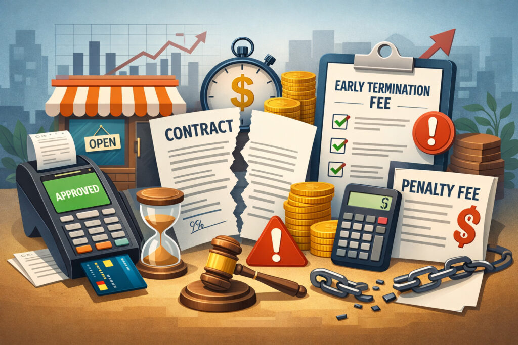 merchant services early termination fees showing broken contract, payment terminal, penalty charges, and financial icons representing cancellation costs