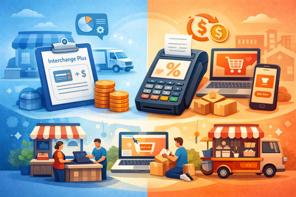 Illustration comparing interchange plus vs flat rate pricing across retail, eCommerce, mobile, and online sales channels with payment processing icons and devices