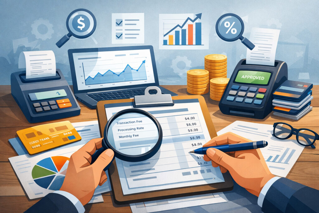 Business owner analyzing credit card processing statement with magnifying glass, calculator, POS terminal, and financial charts on desk