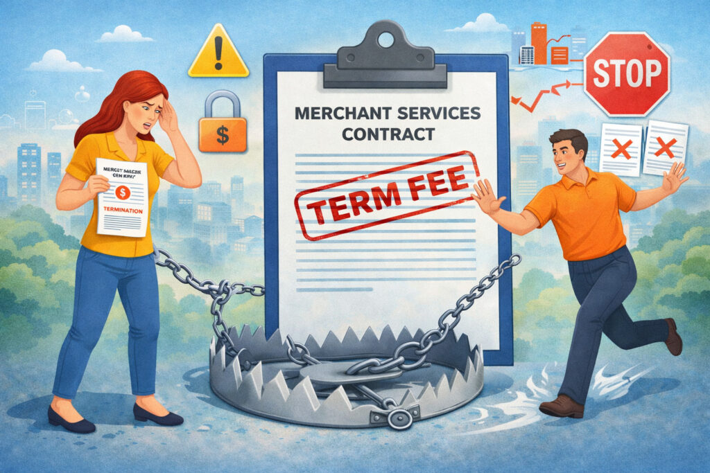 business professionals reviewing a merchant services contract and avoiding early termination fee trap with warning signs, chains, and financial risk icons