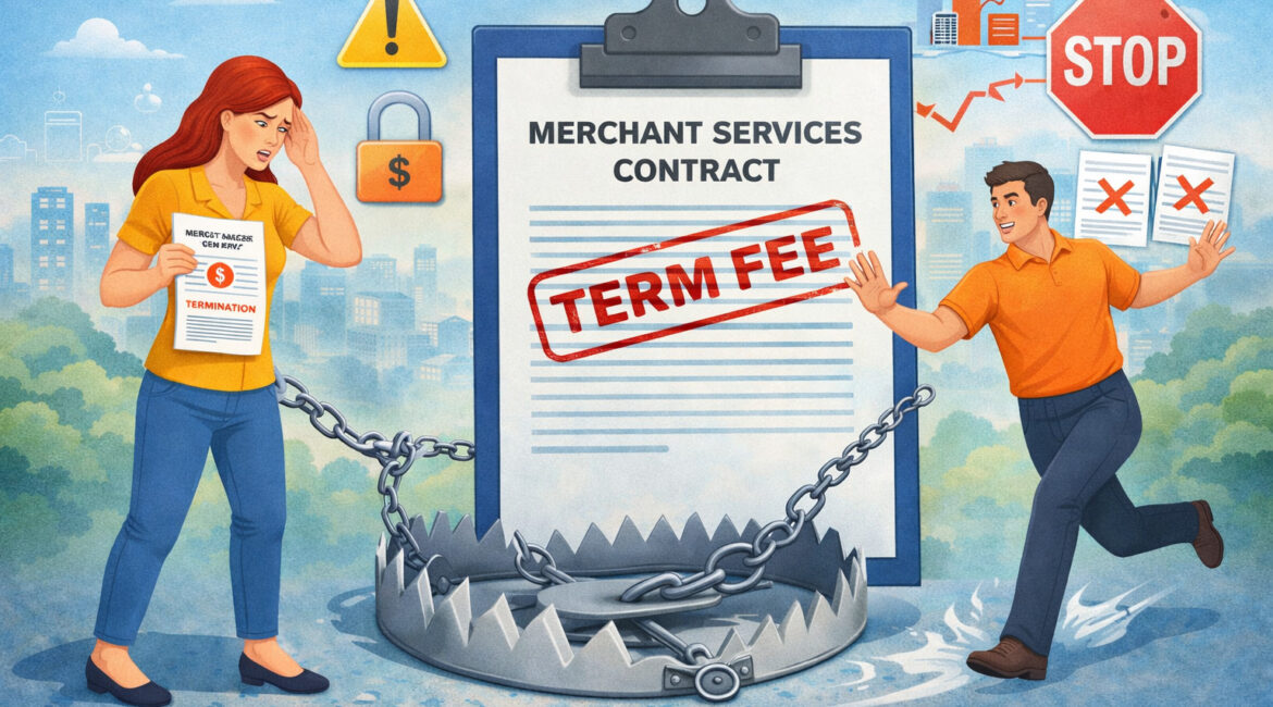 business professionals reviewing a merchant services contract and avoiding early termination fee trap with warning signs, chains, and financial risk icons