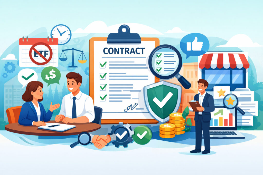 Business owners negotiating merchant contract terms with checklist and compliance icons to avoid early termination fees and choose flexible payment processing provider