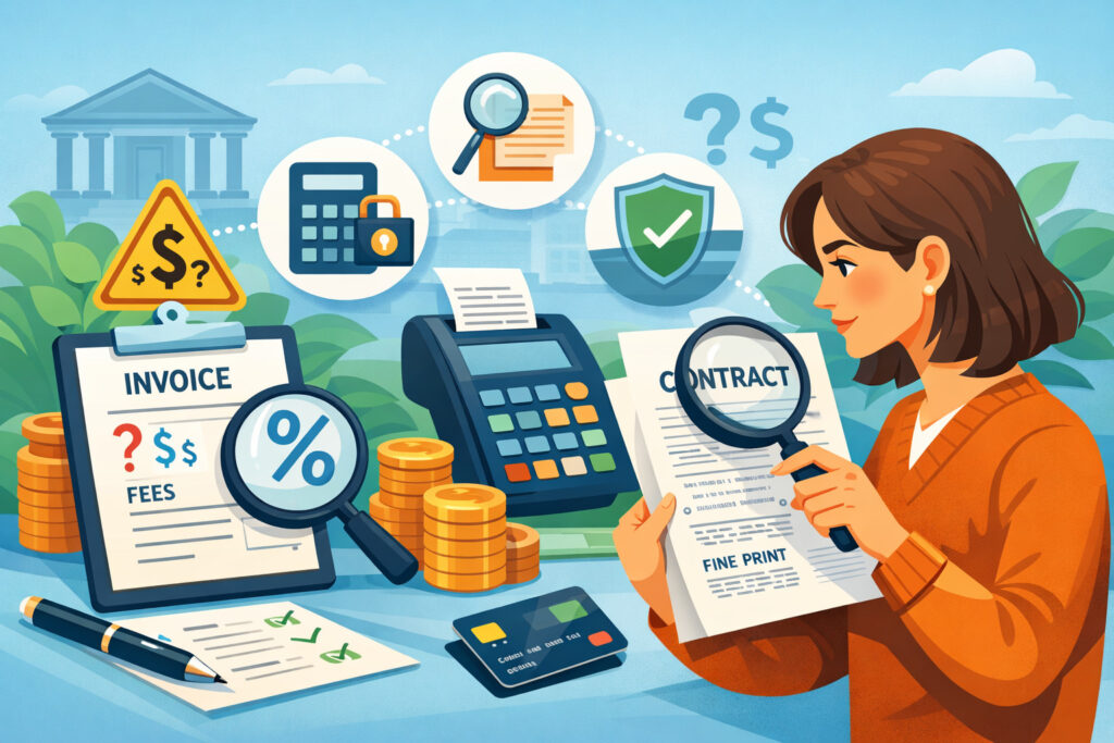 Illustration of a business owner reviewing a merchant contract with a magnifying glass, analyzing hidden fees, invoices, payment terminal, and financial icons representing transparency in payment processing