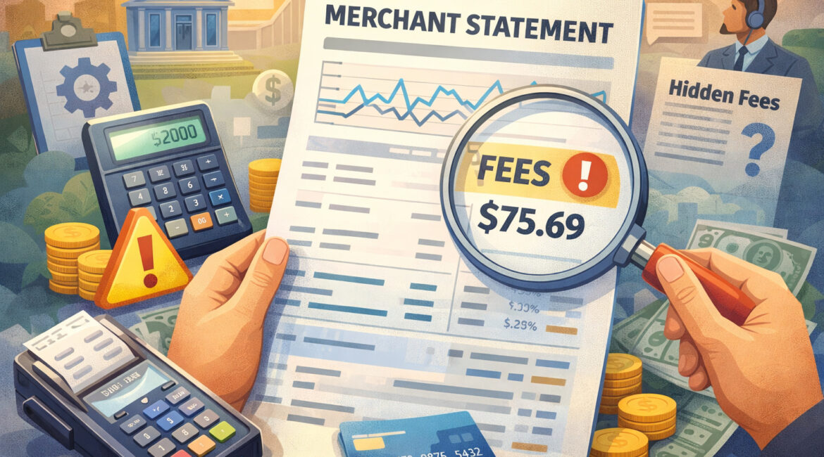 Illustration of a business owner reviewing a merchant statement with a magnifying glass to identify hidden fees and overcharges, with POS terminal, calculator, and financial icons in the background