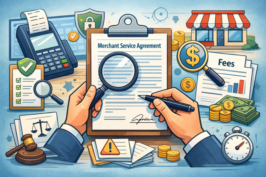 Business owner reviewing merchant service agreement with magnifying glass, POS terminal, fees documents, and financial icons in background