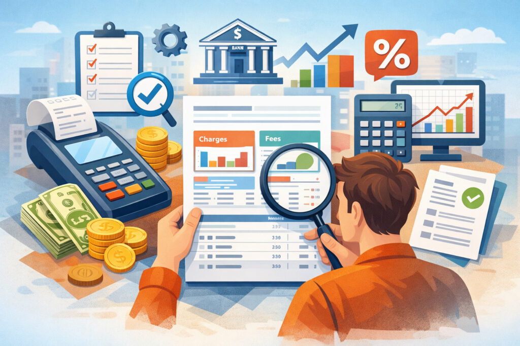 Business owner analyzing merchant statement with payment terminal, financial charts, and transaction fee breakdown illustration