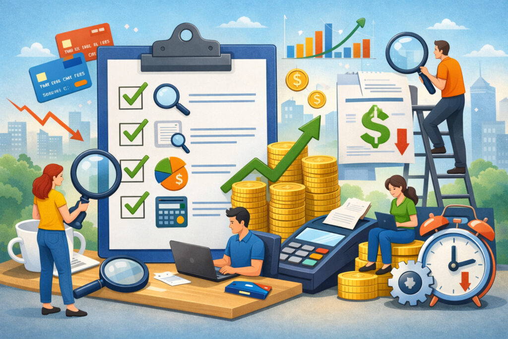 business team analyzing merchant fees with checklist, charts, payment cards, calculator, and financial icons to identify cost savings opportunities