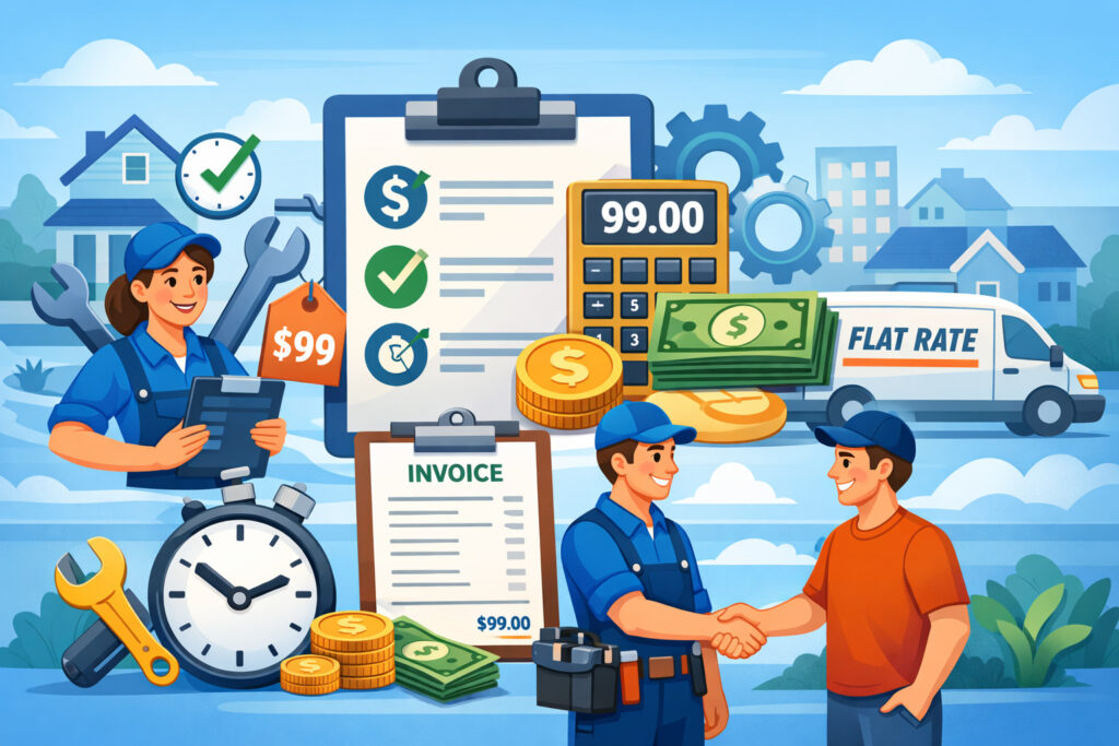 Flat-rate pricing illustration showing fixed service cost, invoice, calculator, and handshake between technician and customer