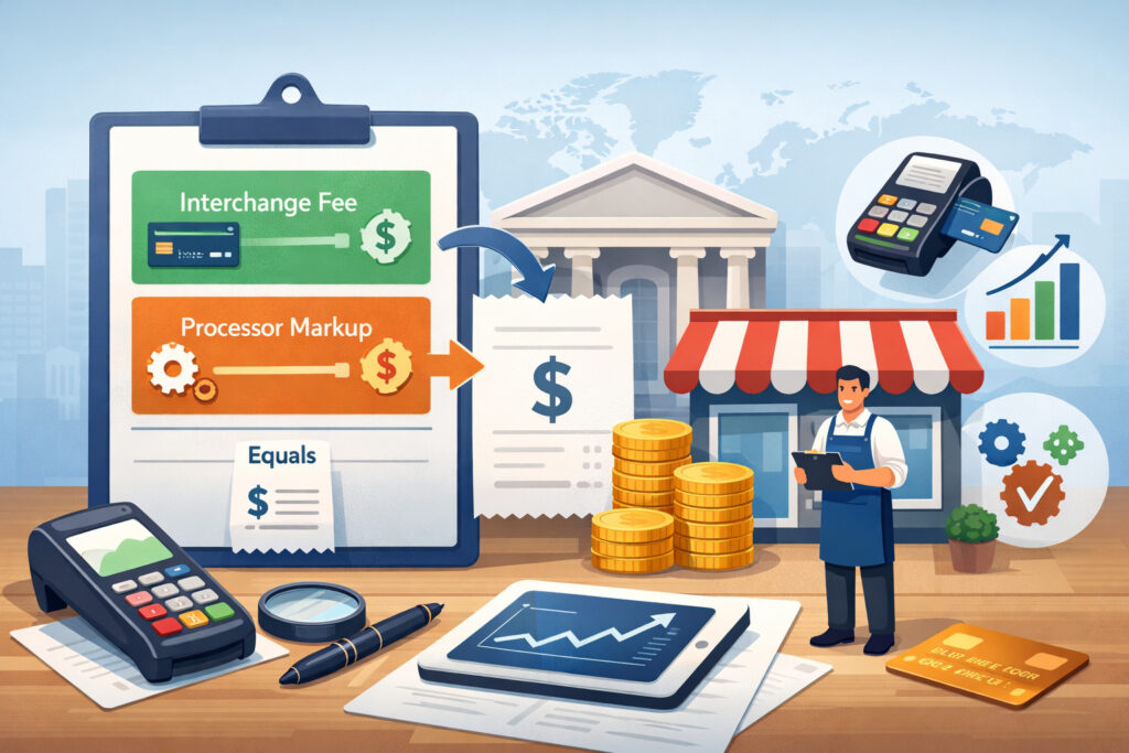 Illustration of interchange-plus pricing showing interchange fees and processor markup breakdown with payment terminal, business owner, and financial icons representing credit card processing costs