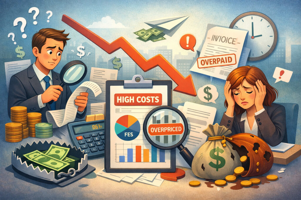 business owners analyzing expenses, hidden fees, and overpayments with financial documents, charts, and leaking money bag symbolizing rising costs