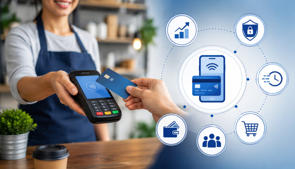 Mobile credit card processing illustration showing a customer tapping a contactless card