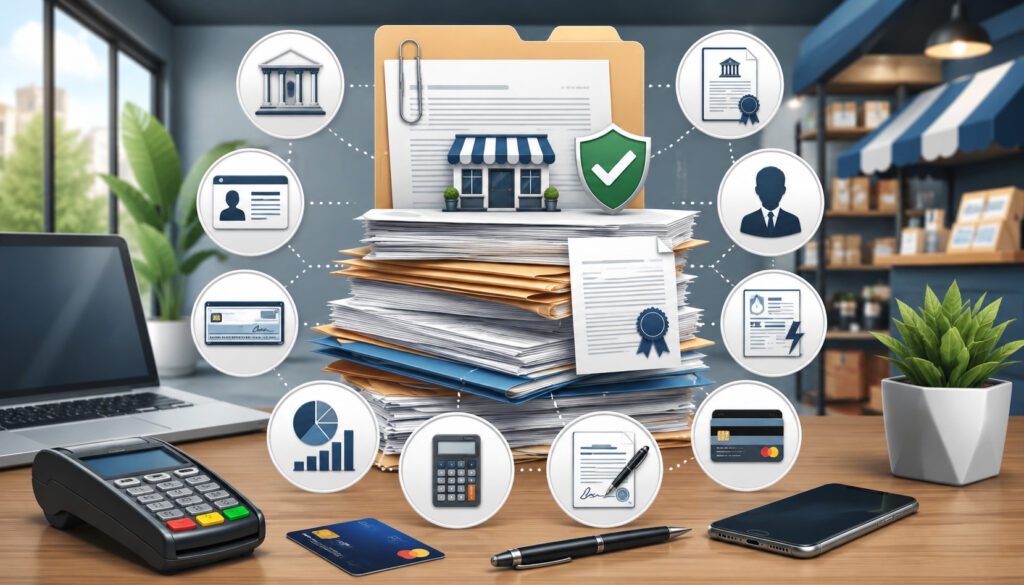 Business merchant account setup documents with payment terminal, paperwork