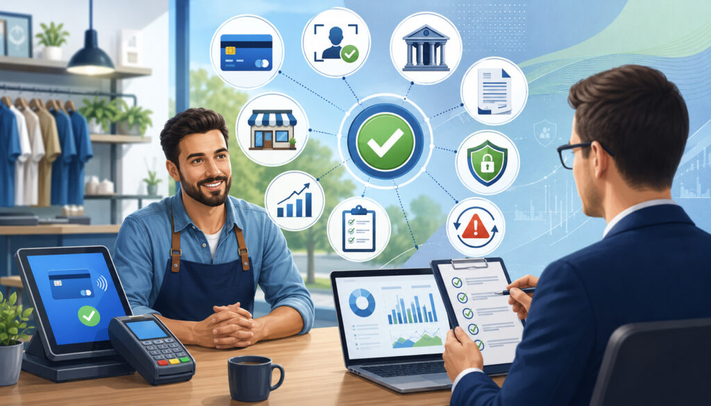 Illustration of a merchant services approval process with a small business owner