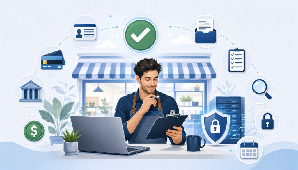 Merchant reviewing account approval documents with payment security, banking