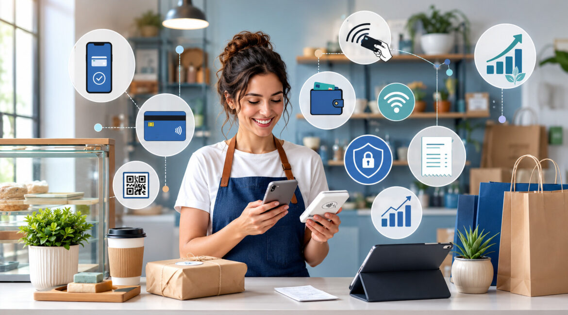 Small business owner using mobile payment processing with smartphone