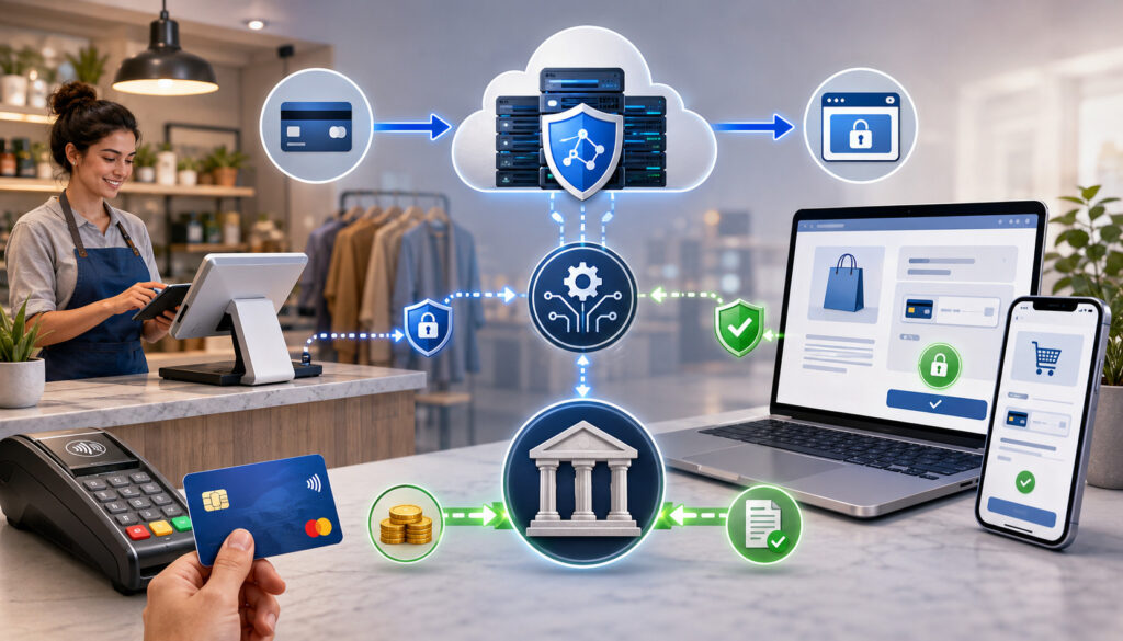 Merchant account, processor, and gateway payment flow illustration
