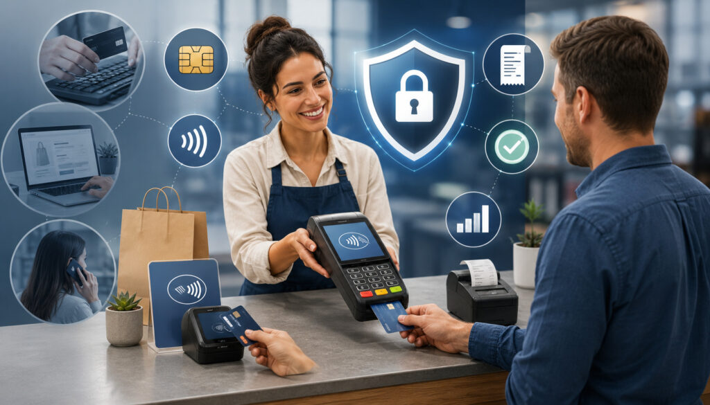 Secure card-present payment at checkout reducing keyed transactions