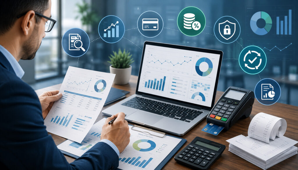 Merchant statement review and payment analytics illustration