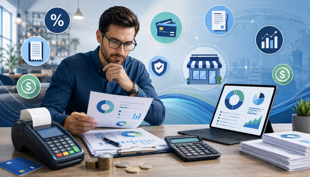 Merchant reviewing common service fees and payment reports